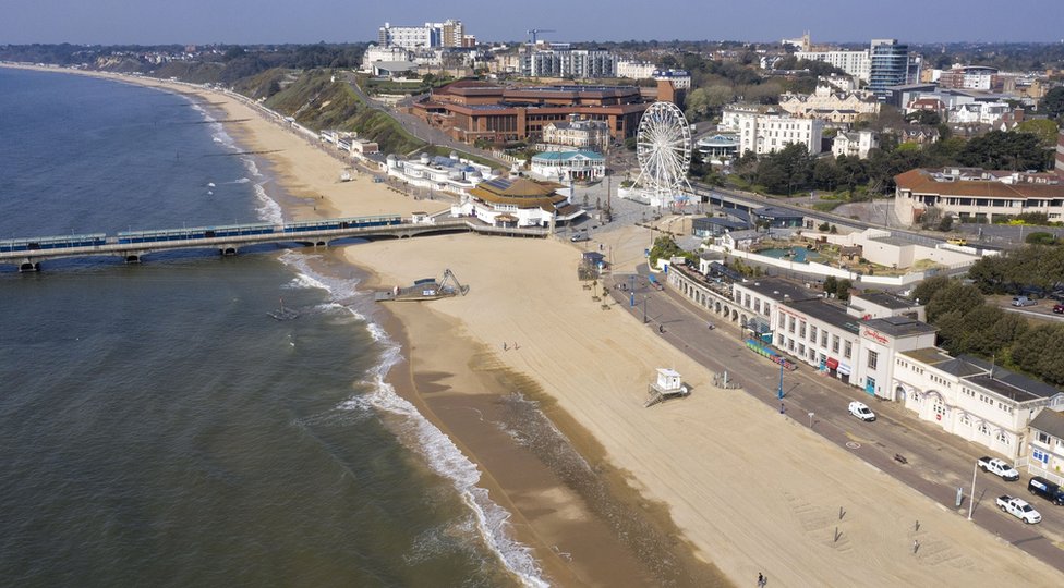 An aerial view of an empty Bournemouth beach