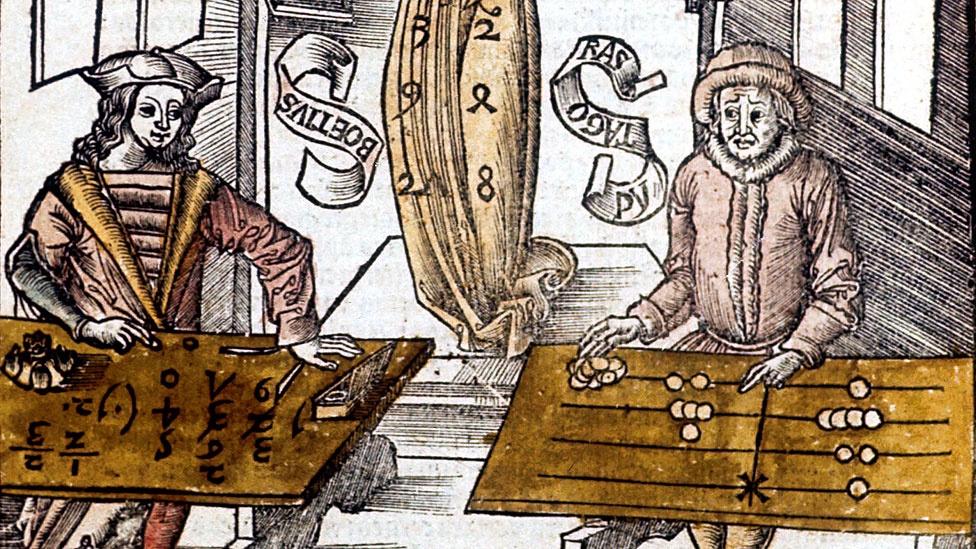 Pitágoras (derecha) usando una tabla de conteo, compite contra Boecio (Boece) usando algoritmos de velocidad en el cálculo. De Margarita Philosophica. (Basilea, 1508)