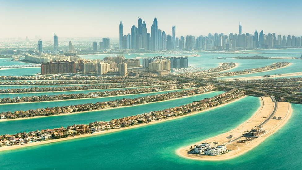 An aerial view of the Palm Jumeriah island in Dubai, UAE