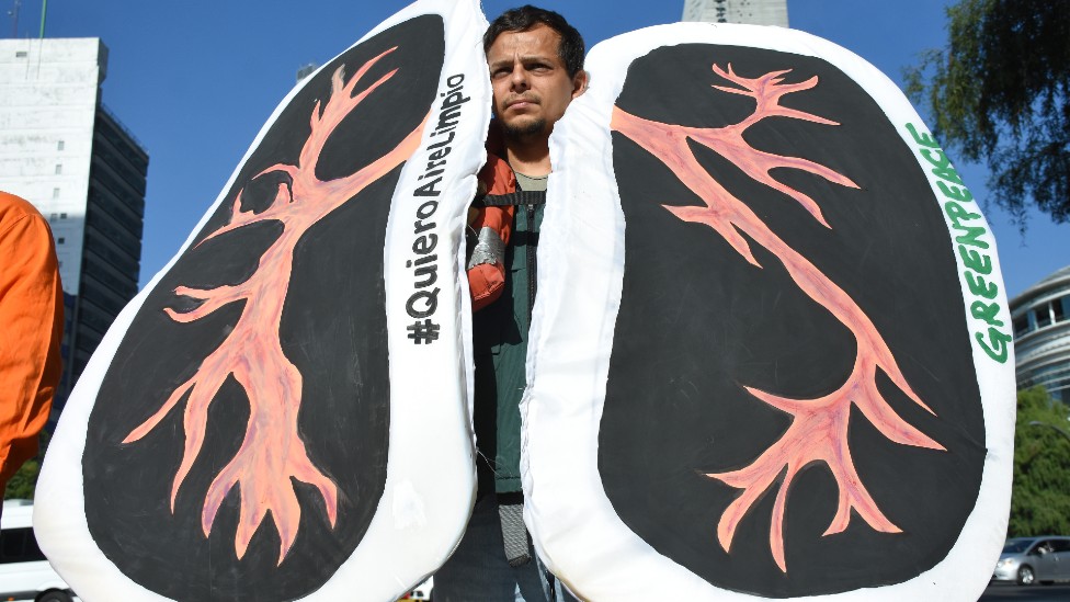 Hombre con dos grandes carteles que representan pulmones y un mensaje que reza "quiero aire limpio".