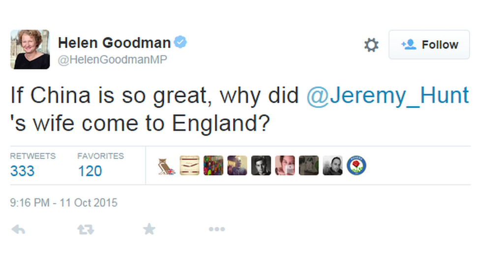 Helen Goodman Apologises For Tweet About Jeremy Hunts Wife Bbc News