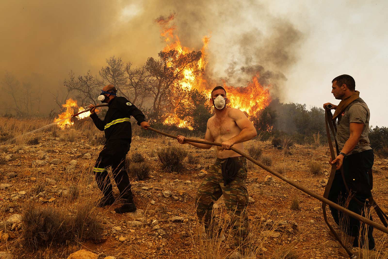 ​​Firefighter teams battle a blaze near the village of Ano Vlichada, near Athens, Greece - 19 July 2023