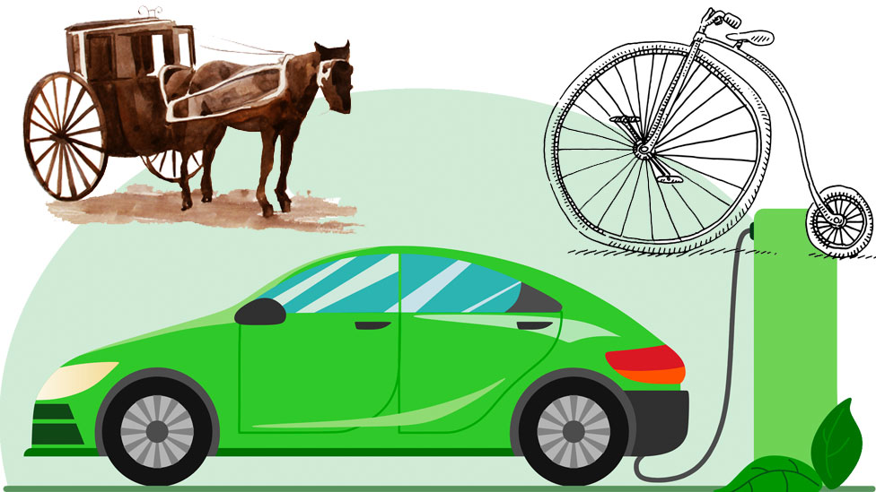 Auto verde, bicicleta y vagón antiguos