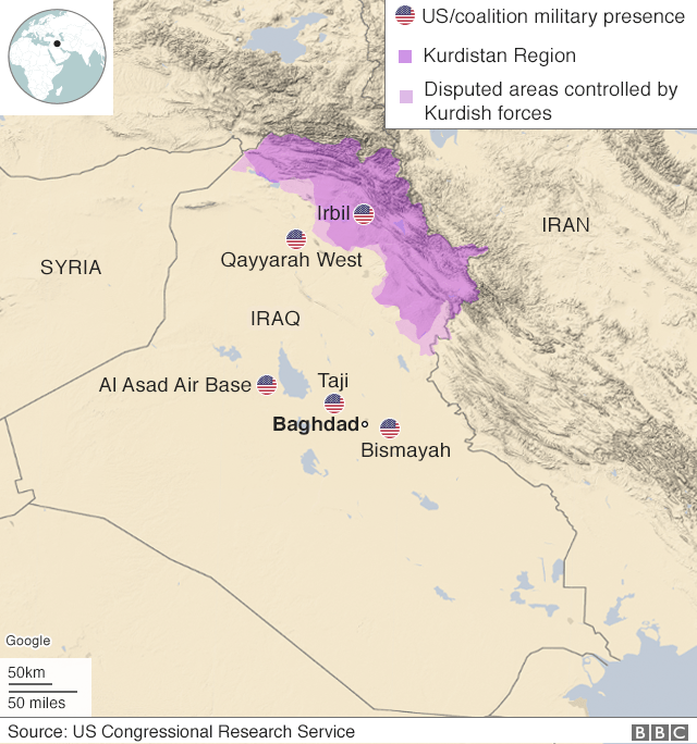Карта, показывающая военное присутствие США и коалиции в Ираке