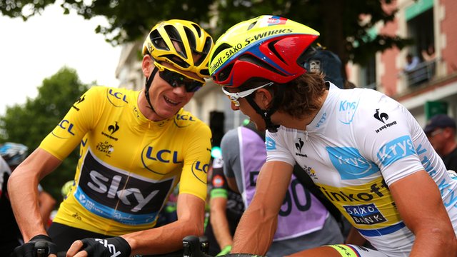 Britain's Chris Froome chats with Slovakia's Peter Sagan prior to stage eight of the 2015 Tour de France.