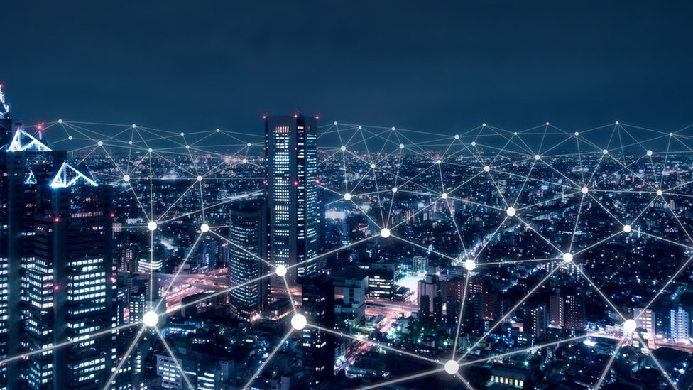 Cityscape with connected nodes