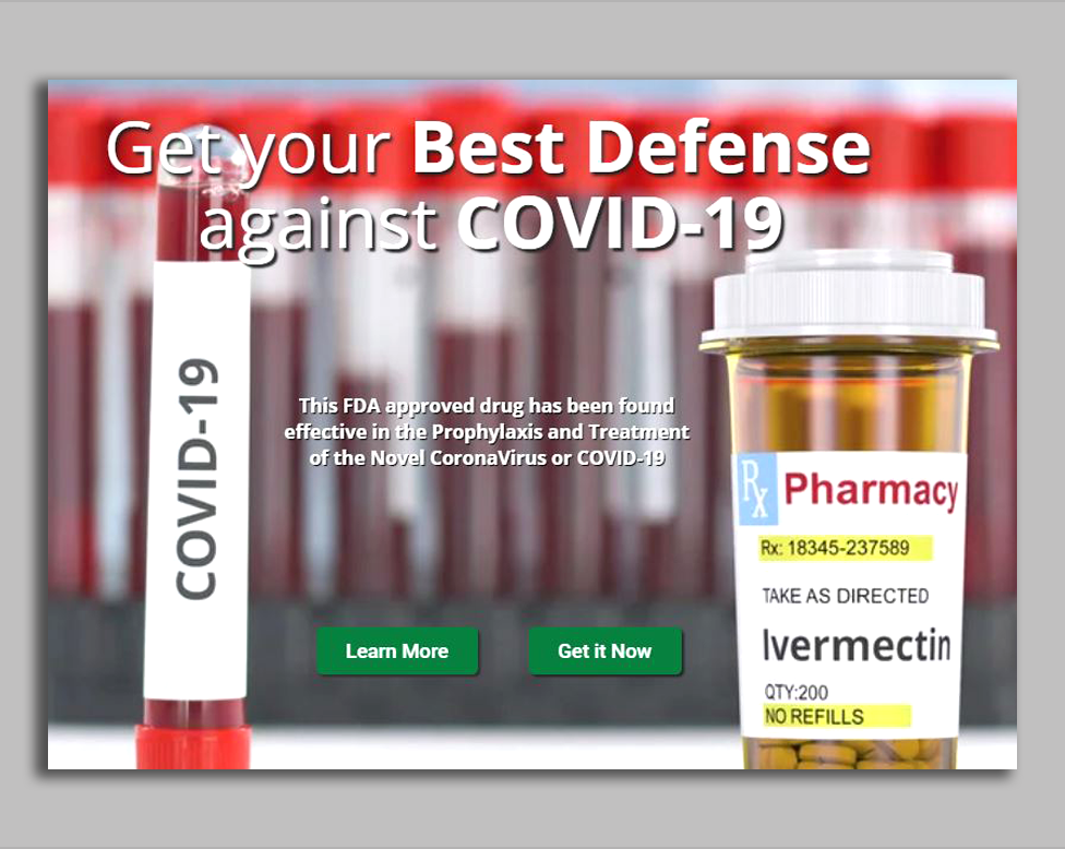 Un sito web con la imagen de un frasco de ivermectina diciendo: "Toma la mejor defensa contra covid-19"