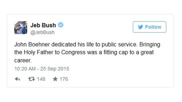 Твит Джеба Буша: Джон Бонер посвятил свою жизнь государственной службе. Привлечение Святого Отца к Конгрессу было достойным завершением большой карьеры.