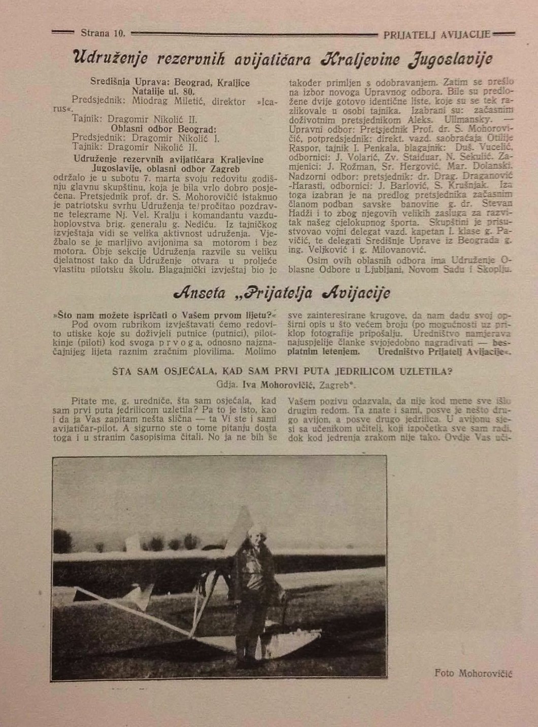 Naslovna strana članka o Ivi Mohorovčić, prvo ženi koja je samostalno letela na avionu bez motora. Članak je izašao u reviji Prijatelj avijacije 1932. godine.