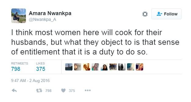 Я думаю, что большинство женщин здесь будут готовить для своих мужей, но они возражают против того чувства права, что это их долг.