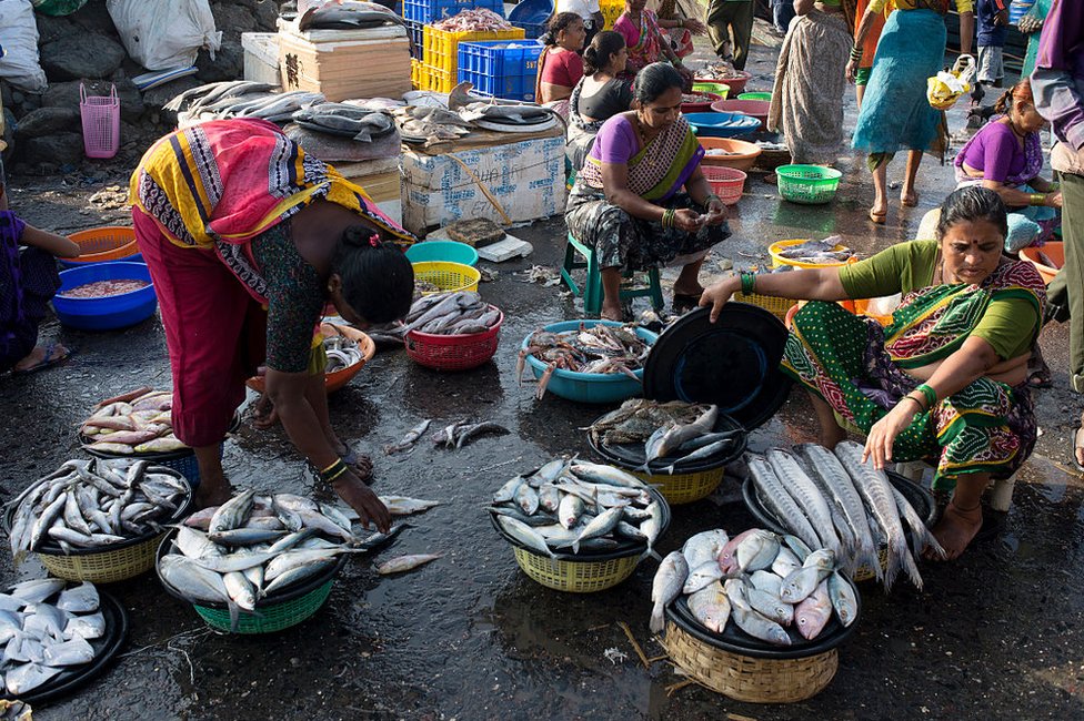 Mujeres venden pescado en los muelles de Sassoon en Colba, en el sur de Bombay
