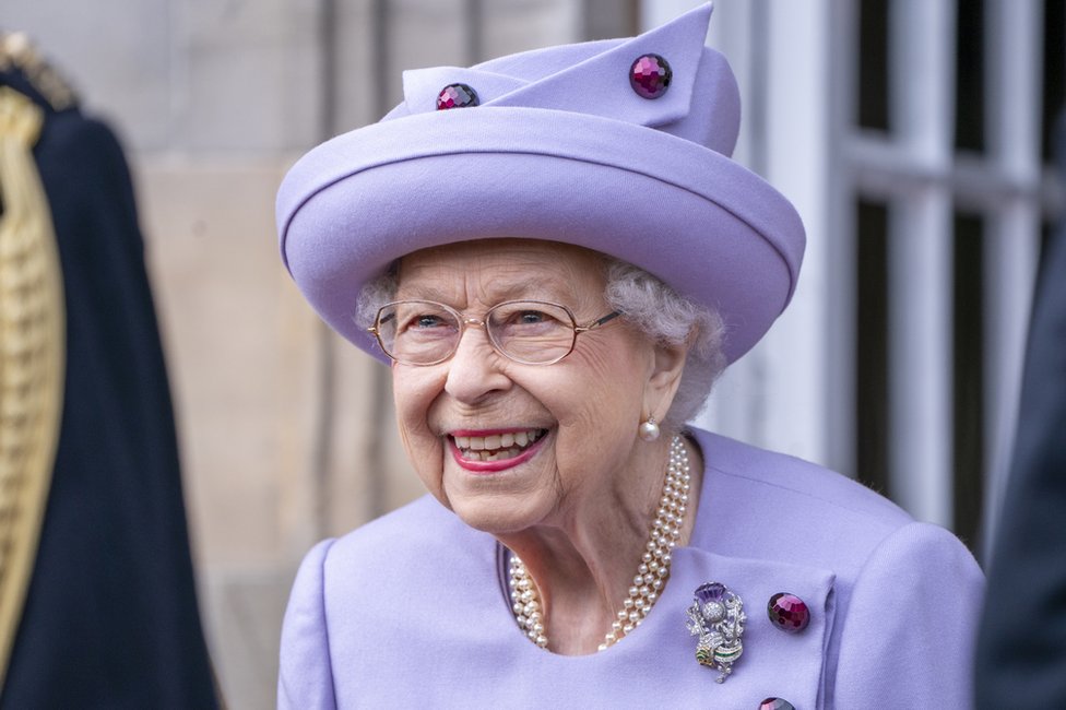 Queen Elizabeth II attends an armed forces act of loyalty parade in the gardens of the Palace of Holyroodhouse, Edinburgh, as they mark her platinum jubilee in Scotland. The ceremony was part of the Queen's traditional trip to Scotland for Holyrood Week. Picture taken on 28 June 2022