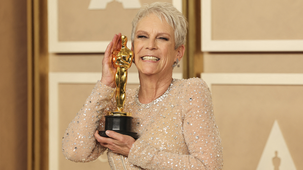 Jamie Lee Curtis wins the Oscar for Best Supporting Actress for "Everything Everywhere All at Once" during the Oscars show at the 95th Academy Awards in Hollywood, Los Angeles, California