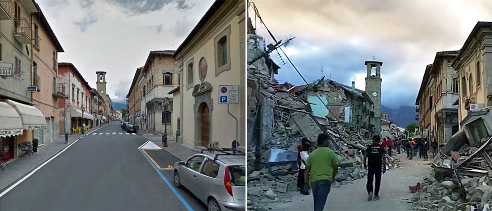 Землетрясение сильно повредило центр Аматриче, показанное на этих двух фотографиях одной и той же улицы до и после землетрясения - 24 августа 2016 г.