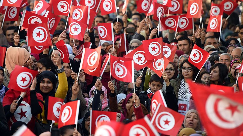 متظاهرون يحملون العلم التونسي