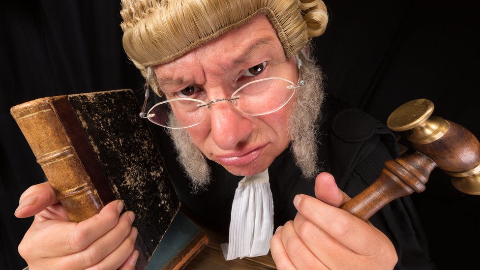 Un juez con cara de antipático sosteniendo una maza y un libro