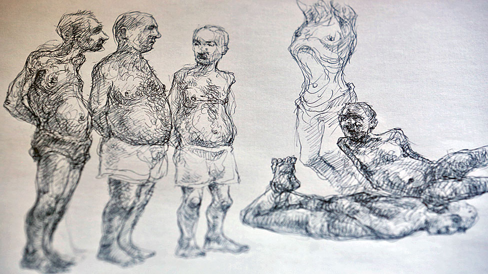Иллюстрация - трое мужчин стоят и еще двое привязаны к полу