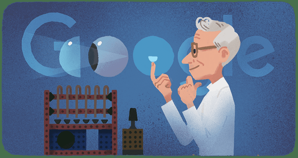 Doodle de Google conmemorando 108 años del nacimiento de Otto Wichterle, creador de las lentes de contacto suaves