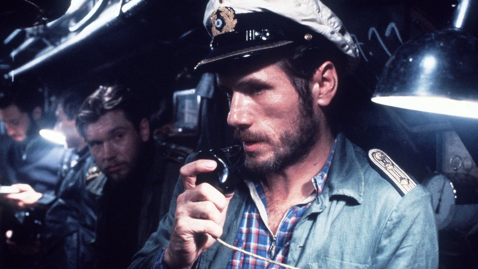 Jürgen Prochnow as the submarine commander, known as the old man and in the background Bernd Tauber as the quartermaster Kriechbaum in Das Boot
