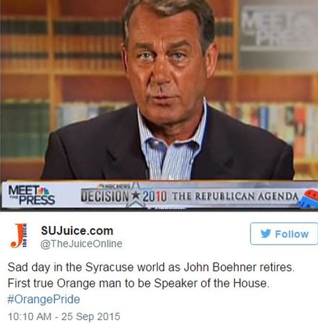 Твиттер @TheJuiceOnline: Печальный день в мире Сиракуз, когда Джон Бонер уходит на пенсию. Первый настоящий оранжевый человек, который станет спикером палаты представителей.