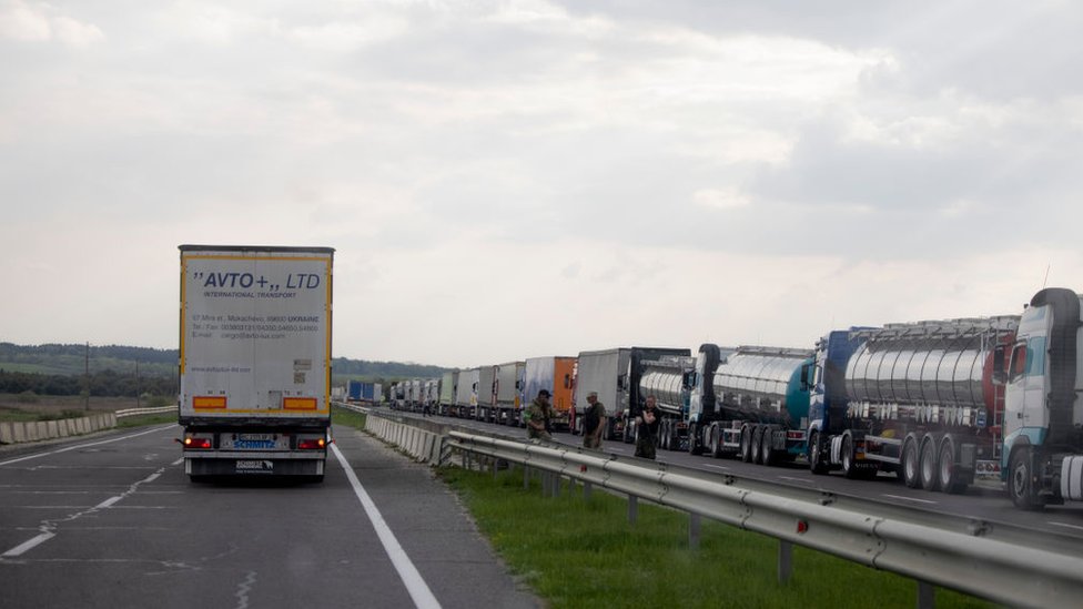 A queue of lorries waits to cross from Ukraine into Poland