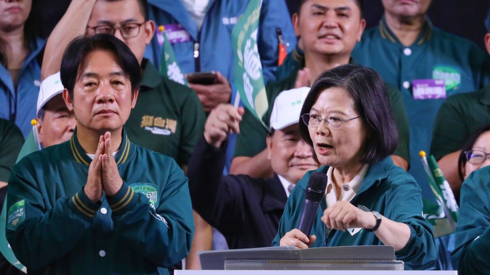 Tsai Ing-wen, Taiwan's president, center, makes a short speech during a rally at the Banqiao First Stadium in New Taipei City, Taiwan, on Saturday, Nov. 4, 2023.