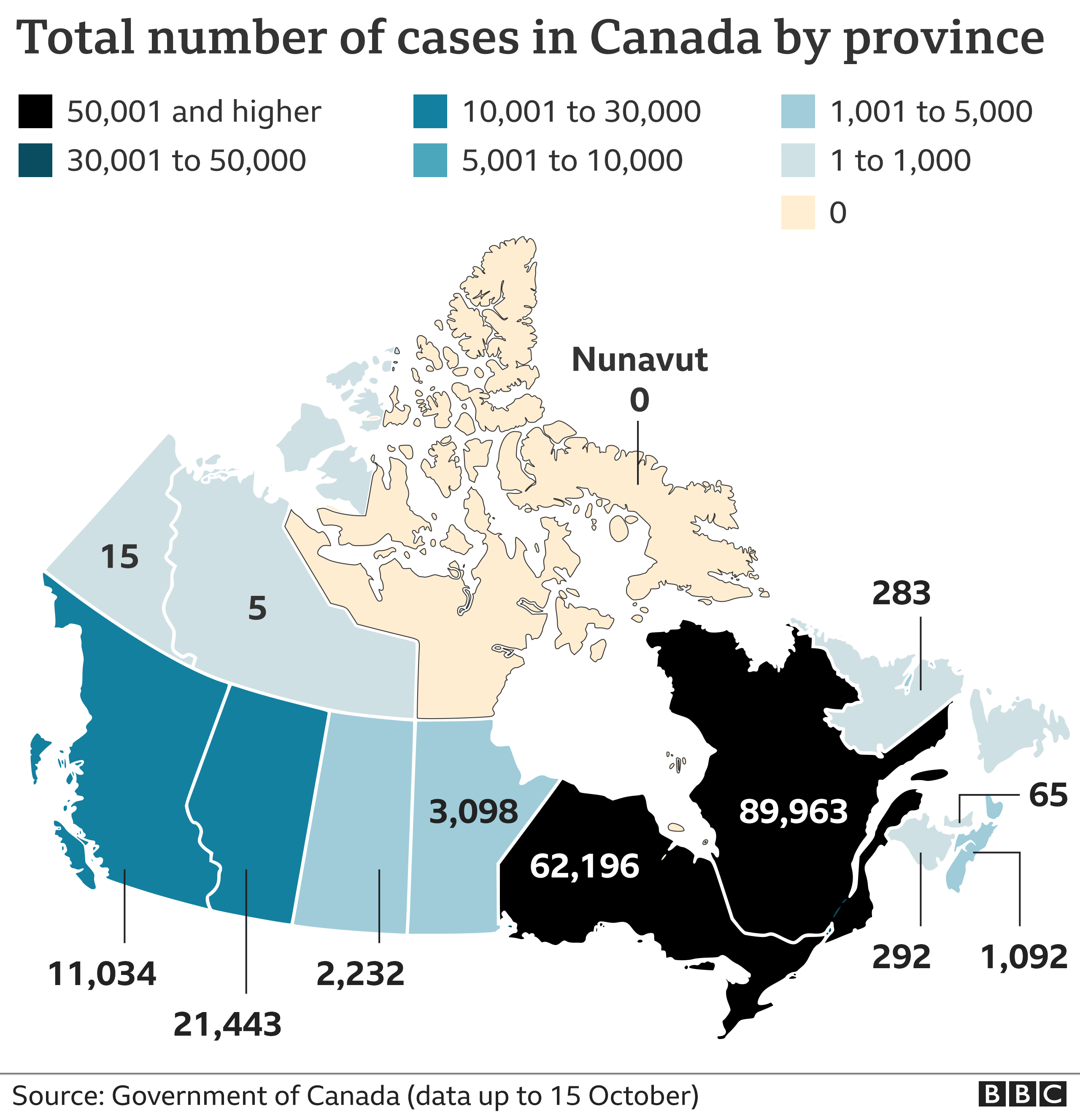 A map of Canada showing coronavirus cases by province