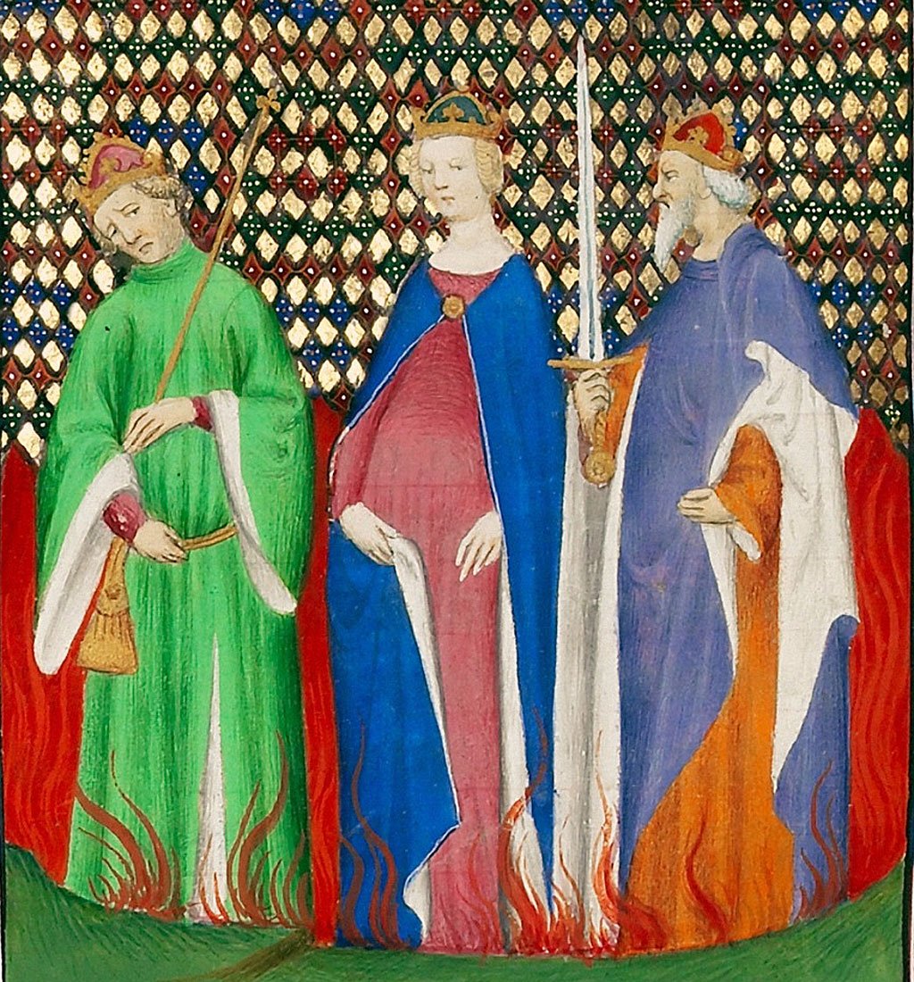 Tiberio, Mesalina y Calígula se reprochan en medio de las llamas en esta obra de autor desconocido pintada circa 1415.