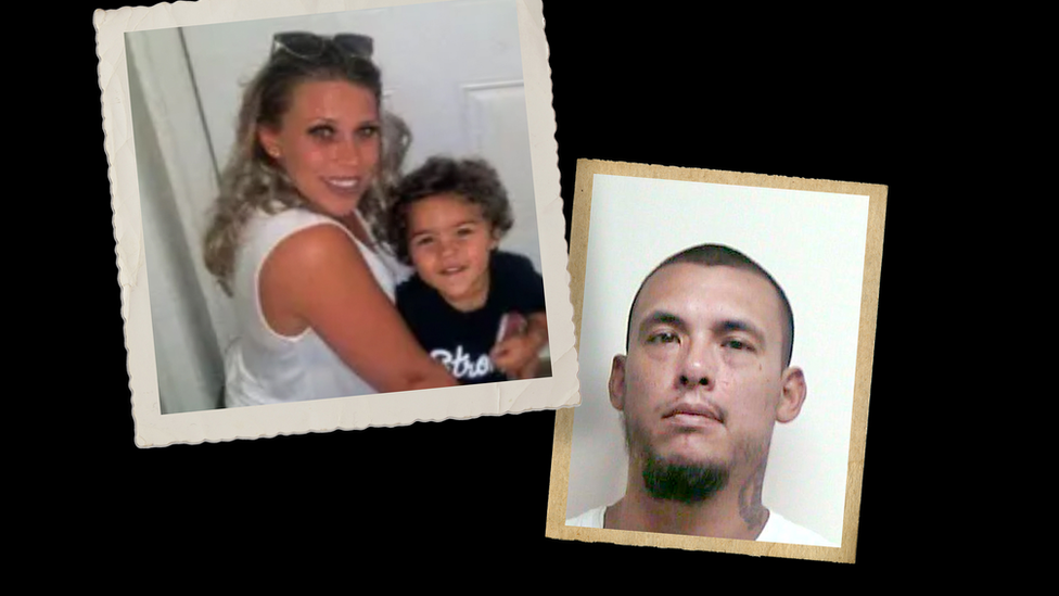 Rebecca Hogue y su hijo Jeremiah "Ryder" Johnson, a la izquierda. El asesino, Christopher Trent, a la derecha.