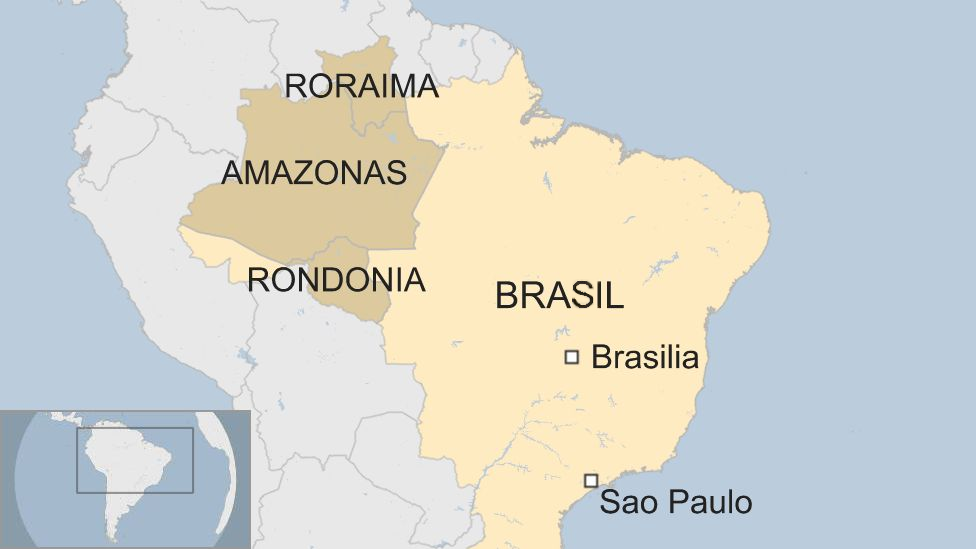 Mapa de los estados brasileños de Roraima, Amazonas y Rondonia.