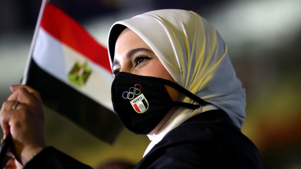 A member of Team Egypt waves a flag during the Opening Ceremony of the Tokyo 2020 Olympic Games at Olympic Stadium on July 23, 2021 in Tokyo, Japan.
