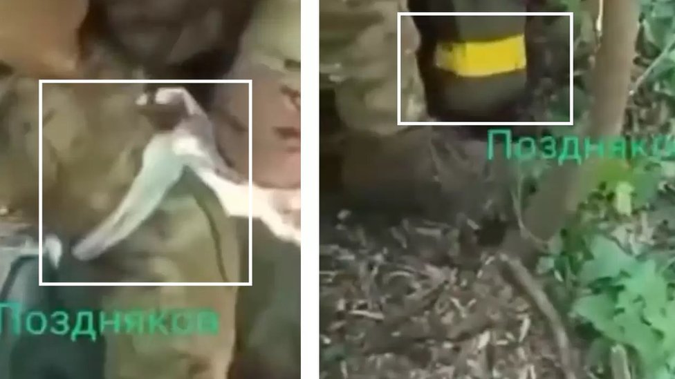 روسيا وأوكرانيا: فولوديمير زيلنسكي يدين مقطع فيديو يظهر "ذبح جندي أوكراني" 2 يرتدي الجنود الأوكرانيون شارات ذراع صفراء، ويضع الروس شارات بيضاء على أرجلهم بشكل عام