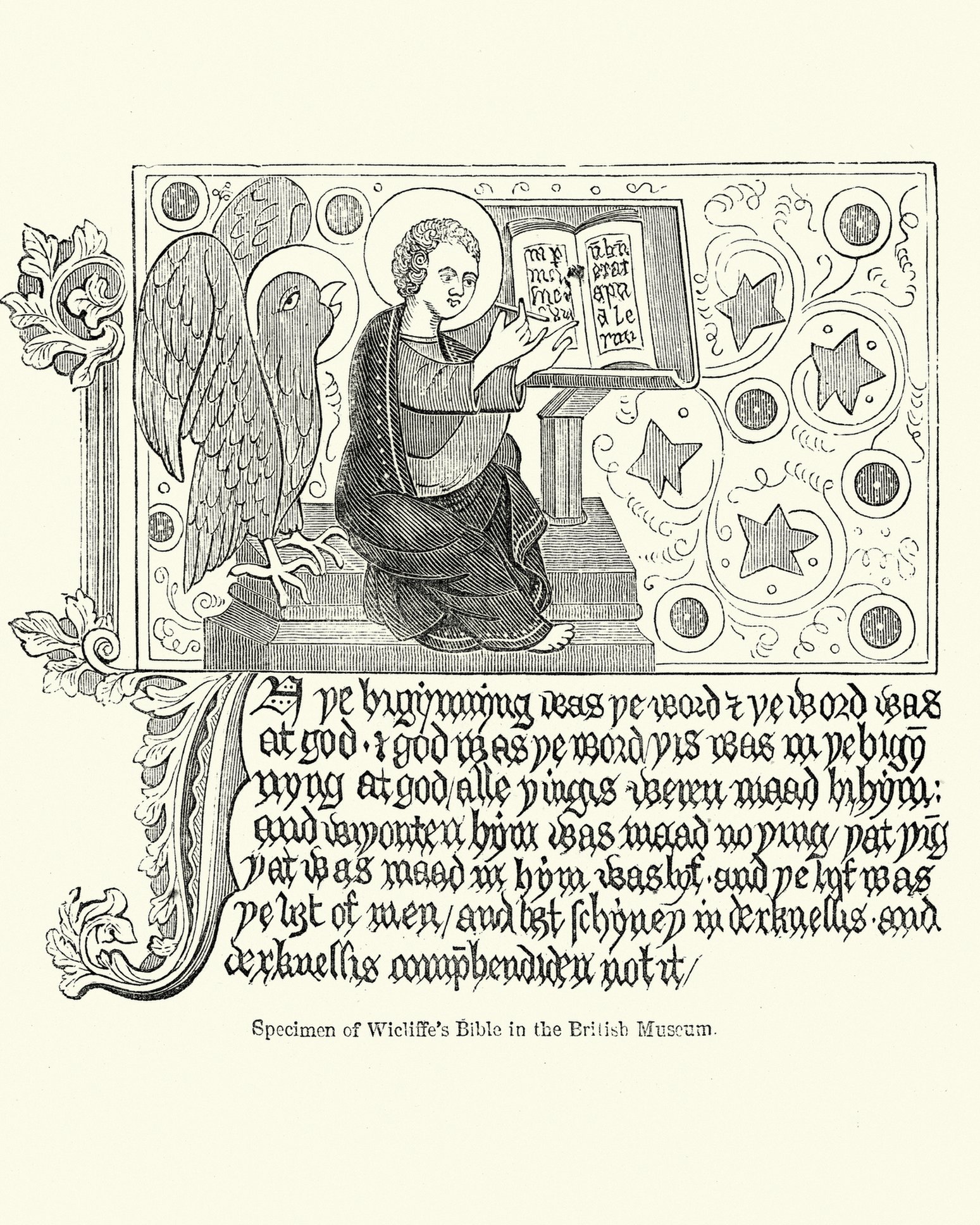Ilustraciön de John Wycliffe tradiciendo la Biblia.