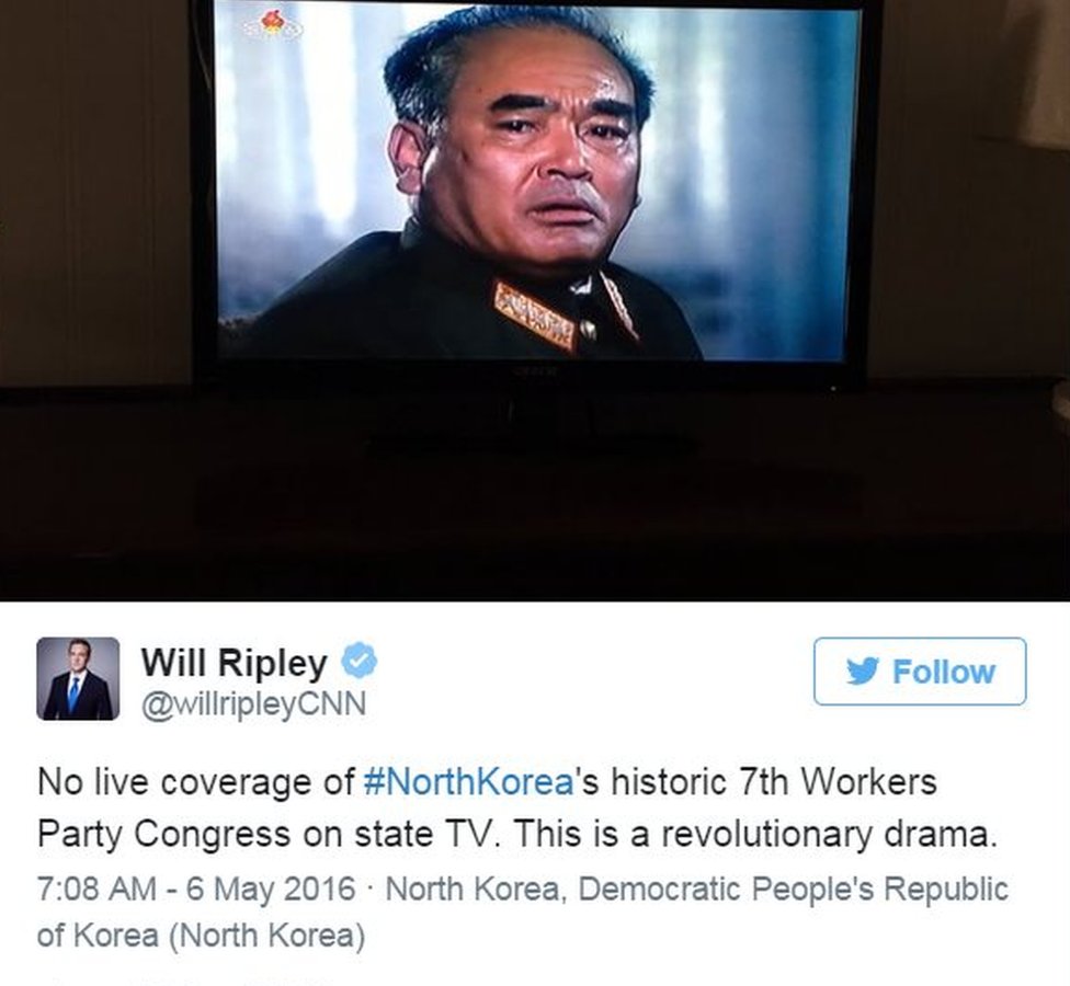 Твиттер корреспондента CNN, находящегося в Пхеньяне: «Нет прямых трансляций исторического 7-го съезда Рабочей партии Северной Кореи на государственном телевидении - это революционная драма»