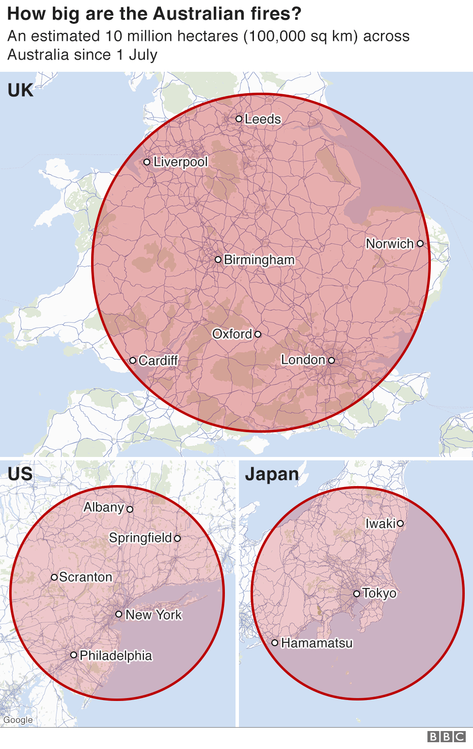 Инфографика, показывающая, насколько велики пожары по сравнению с географией Великобритании, США и Японии