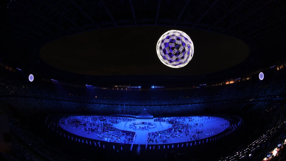 Drones fly over the stadium during the Opening Ceremony of the Tokyo 2020 Olympic Games at Olympic Stadium on July 23, 2021 in Tokyo, Japan.