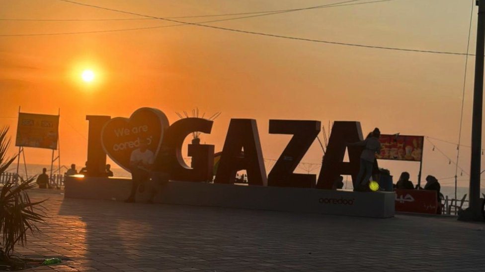 A photo of the 'I love Gaza' sign at sunset