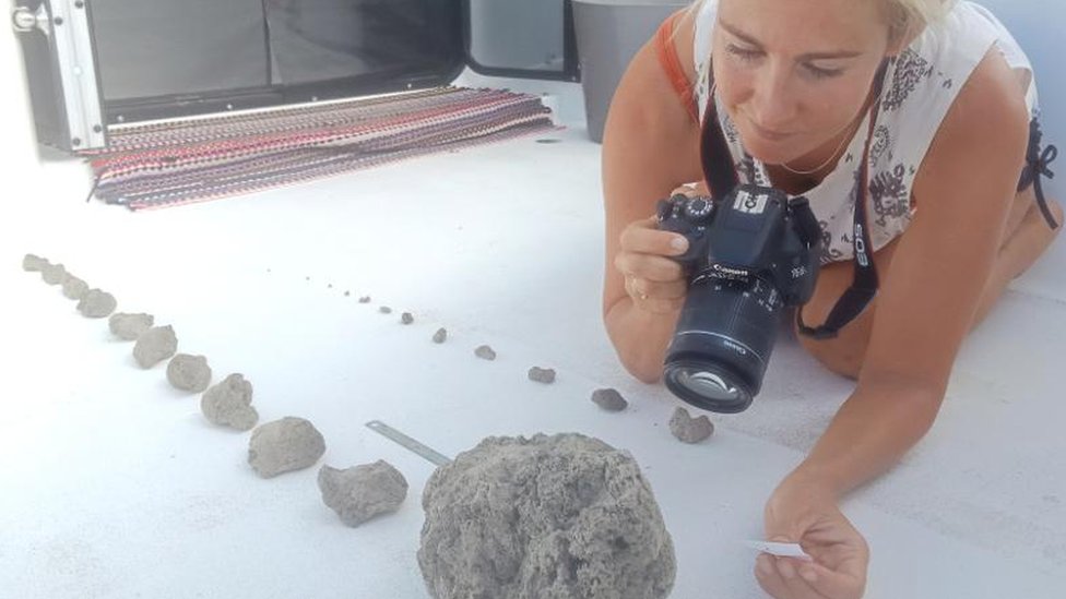 Larissa Brill toma fotos de las piedras pómez recogidas en el Pacífico.