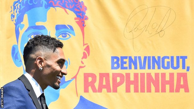 New Barcelona signing Raphinha at his presentation to fans