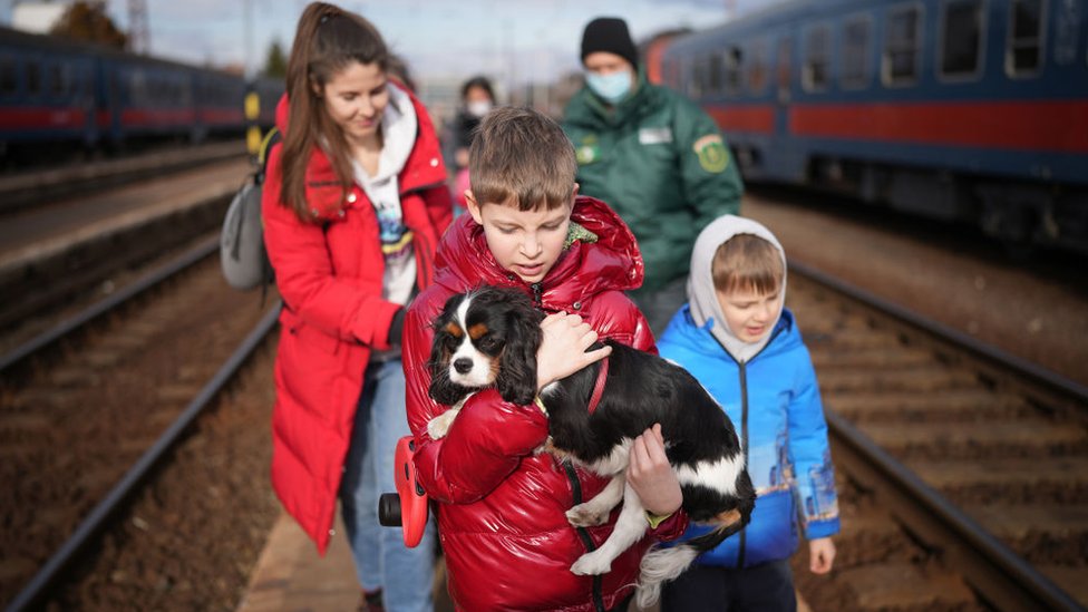 Ukrainian refugees arriving in Hungary.