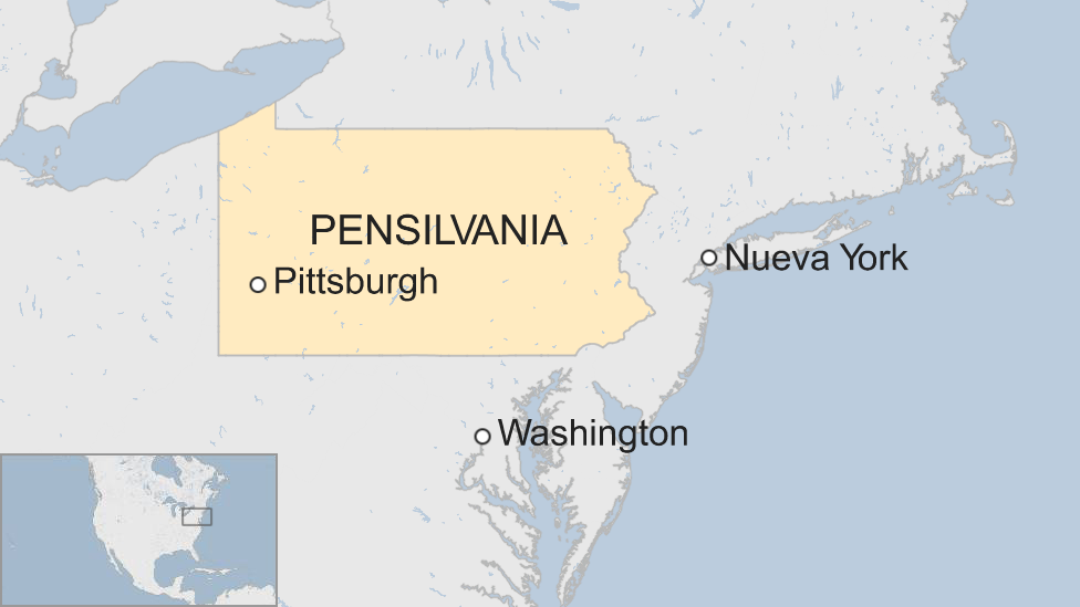 Mapa con la localización de Pittsburgh, en Pensilvania.