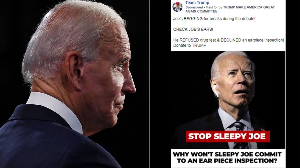 A composite image shows Biden, left, with nothing in his right ear, and in a doctored Facebook ad, right, with a wireless earbud