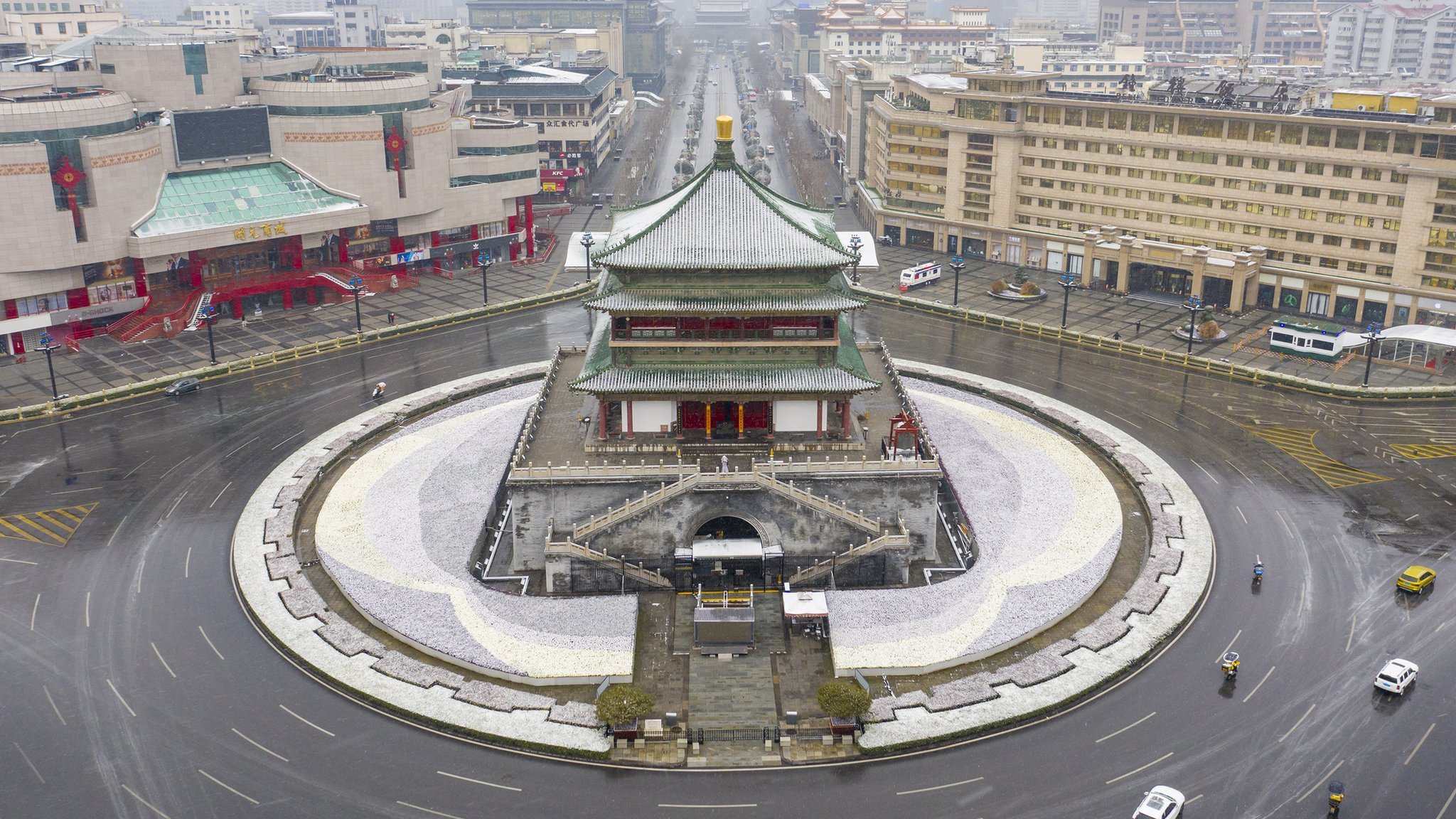 Aerial view of snow covered Xi'an Bell Tower amid the COVID-19 epidemic on December 25, 2021 in Xi'an, Shaanxi Province of China.