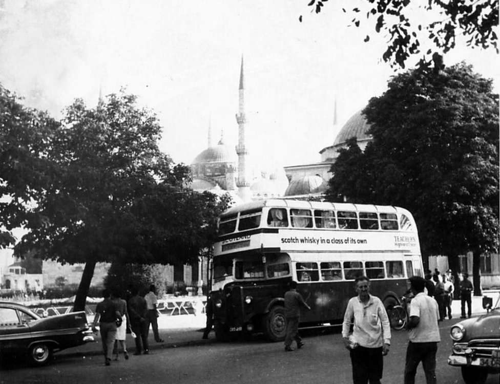 Bus parked near Hagia Sophia museum and the Blue Mosque in Istanbul