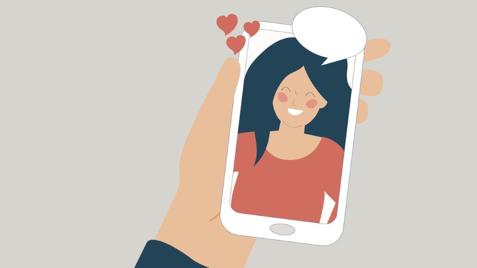 An illustration of a woman smiling on a phone screen