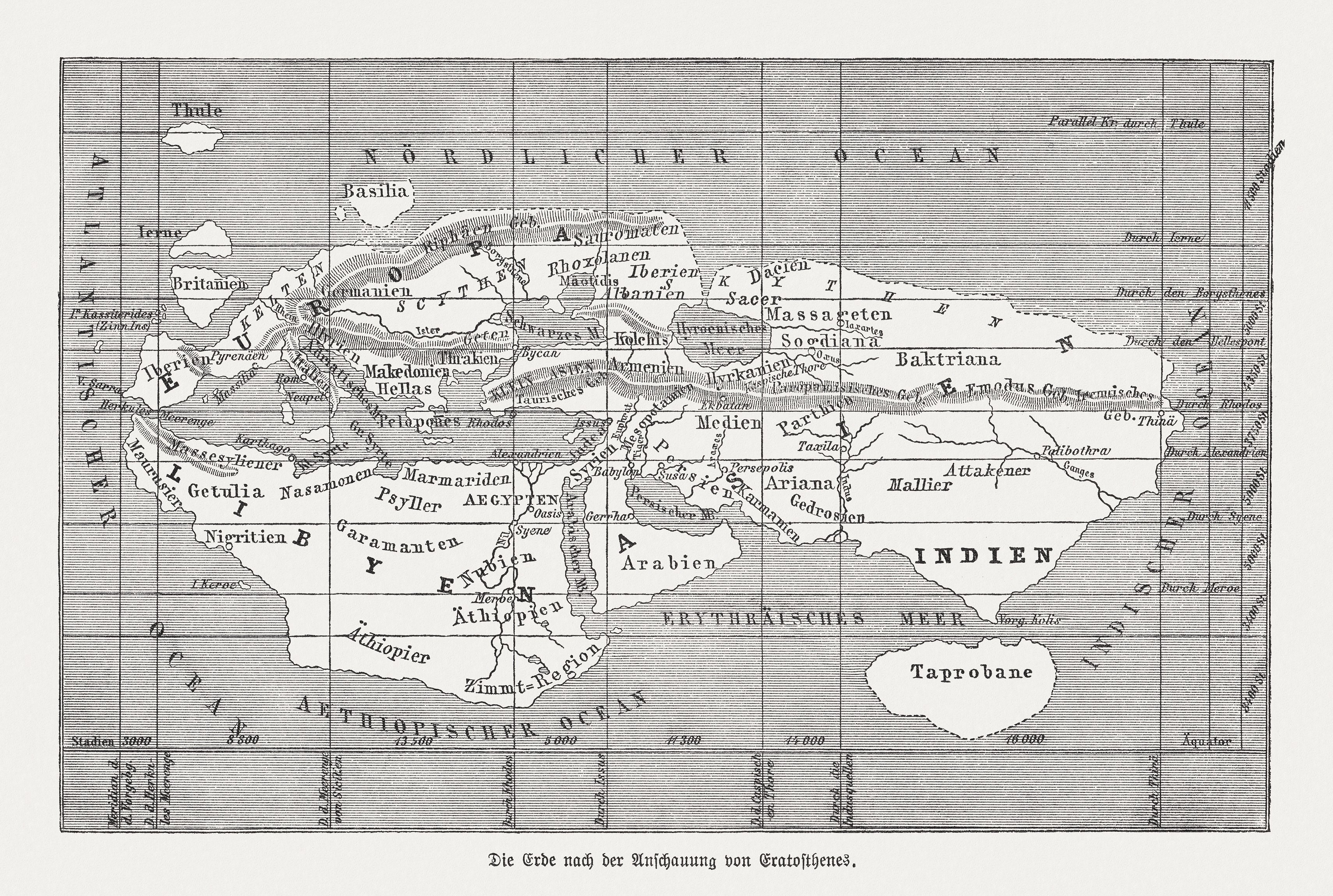 Mapa-múndi segundo Eratóstenes de Cirene. Gravura em madeira, publicada em 1888.