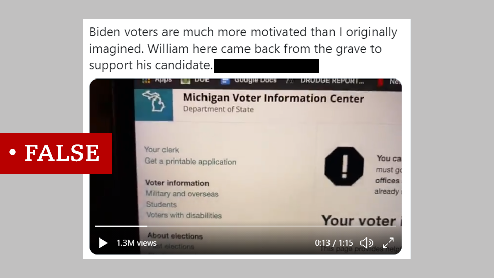 Captura de pantalla de un tuit que dice: Los votantes de Biden están mucho más motivados de lo que imaginé originalmente. Aquí William regresó de la tumba para apoyar a su candidato.  Agregamos una etiqueta falsa.