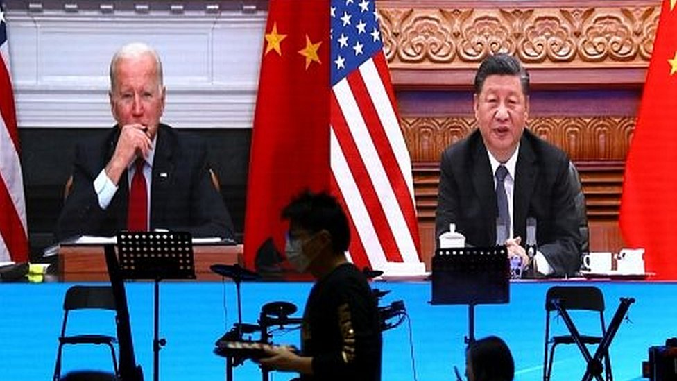 Virtual meeting between Joe Biden and Xi Jinping, seen from a restaurant in Beijing
