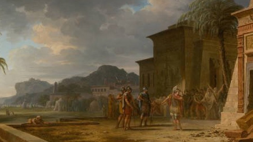 رسم للاسكندر الأكبر أمام ضريح كورش الكبير