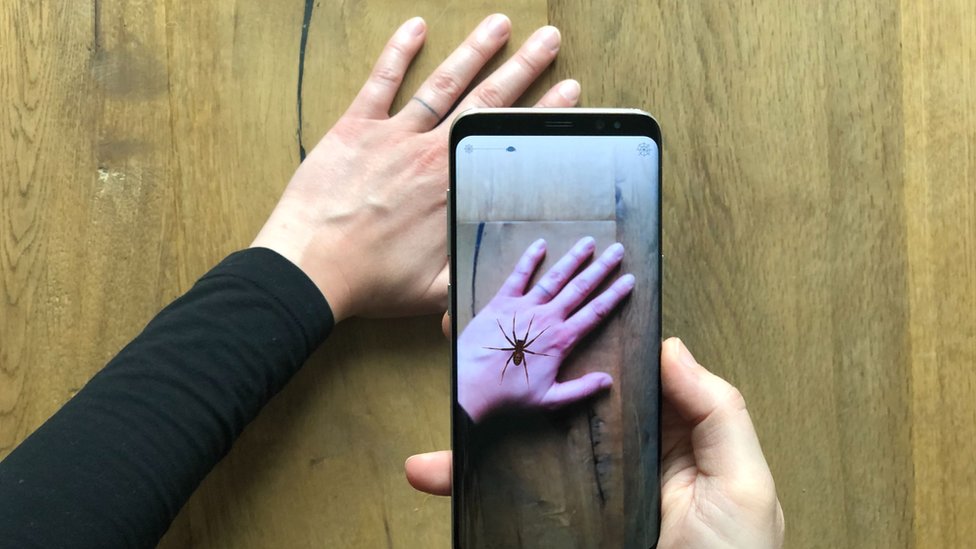 A screenshot of the Phobys app with a spider projected over the user's hand